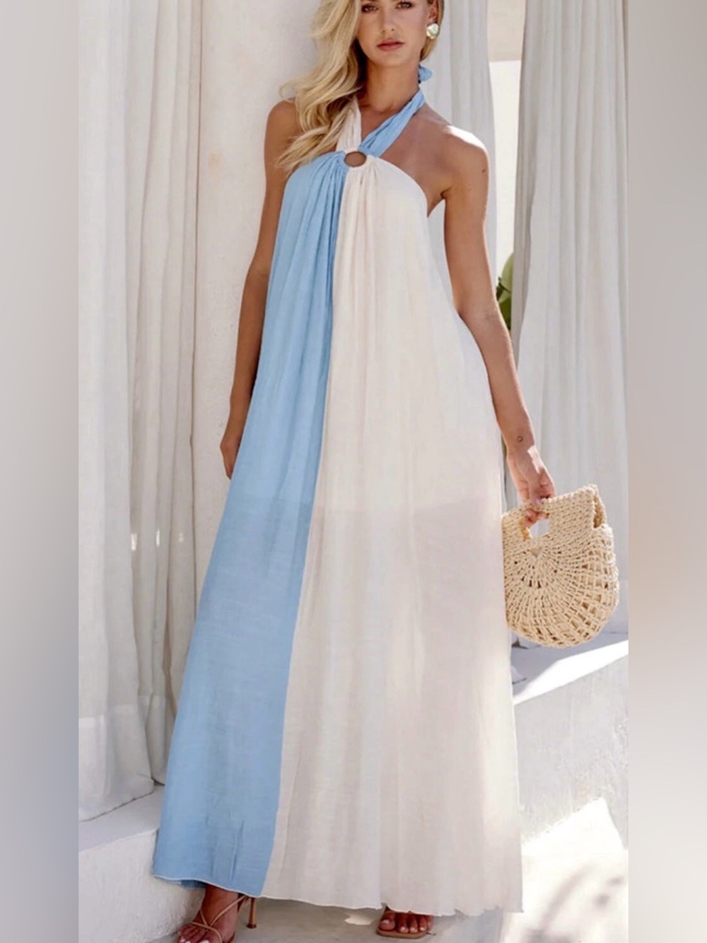 Light Blue Cream Halter Maxi Dress - Beach Ready Boho Coastal Chic Gauze